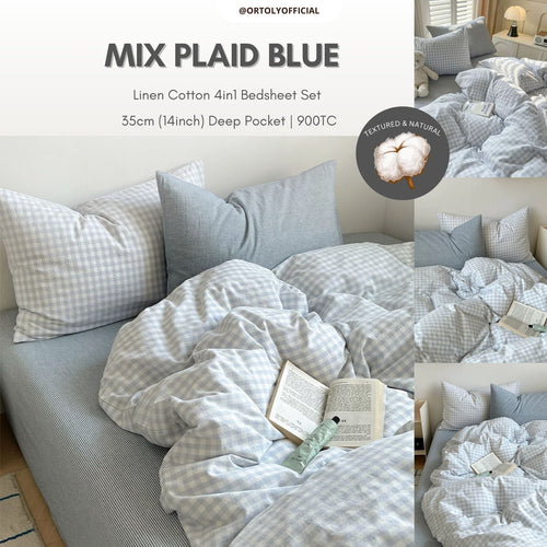 Linen Cotton Mix Plaid Blue Japanese Linen Series (14inch)