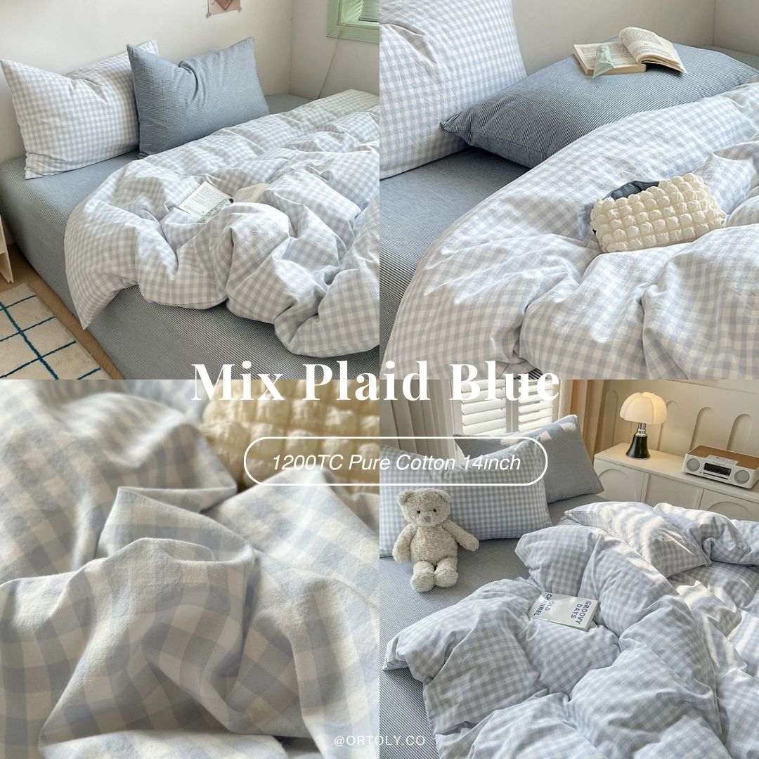 Washed Pure Cotton Mix Plaid Blue Japanese Linen Series (14inch)